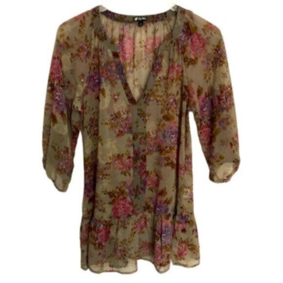 Lily White | Women's Brown Taupe Floral Print Babydoll Tunic Top Size Small - Picture 1 of 7